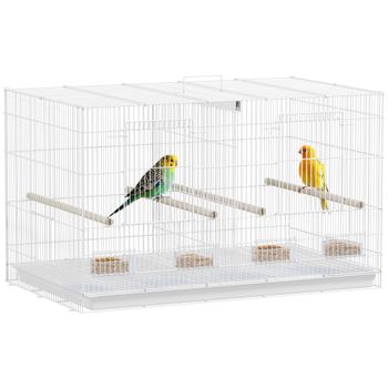 PawHut Jaula para Pájaros con Divisor 76x46x46 cm Pajarera con 4 Comederos 4 Perchas y Bandeja Extraíble Jaula para Loros Canarios Periquitos Blanco