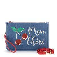 clutch de lona y efecto napa con estampado y bordado denim