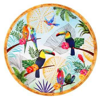 Plato redondo de melamina con estampado de tucanes 35,5 cm