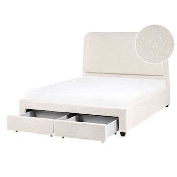 Cama Escandinava De Bouclé Con Cabecero 140 X 200 Cm Tapizada Con 2 Cajones Y Somier De Láminas Blanco Crema Sardent