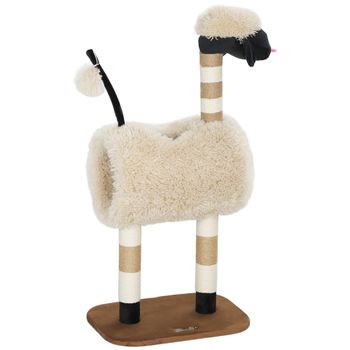 PawHut Árbol rascador con diseño de oveja, con postes rascadores, túnel y juguete, 98 cm, marrón claro