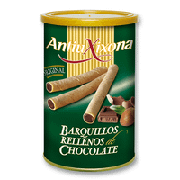 caja de 12 latas de barquillos rellenos de chocolate