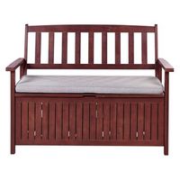 banco de jardin con almacenaje de madera maciza de acacia 2 plazas 120 cm rojo oscuro con cojin gris sovana