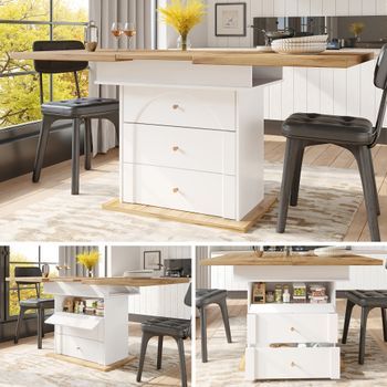Mesa De Comedor Extensible Con 1 Puerta Y 2 Cajones - Mdf - Blanco + Natural