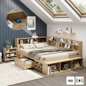 Cama Doble 140 X 200 Cm Con Mesita De Noche Móvil, Compartimentos Y 1 Cajón - Madera Contrachapada - Toma De Corriente - Natural (sin Colchón)