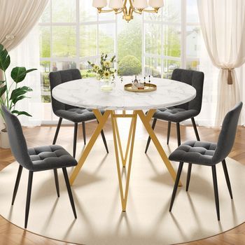 Conjunto De Mesa Y 4 Sillas - Mueble De Comedor - Mdf Y Lino - Gris Y Dorado (100x100x76cm)