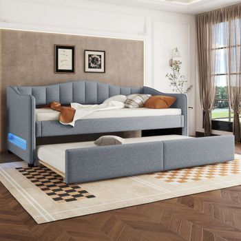 Sofá Cama 90x200 Con Cama Nido Extraíble, Lino Gris Y Luces Led
