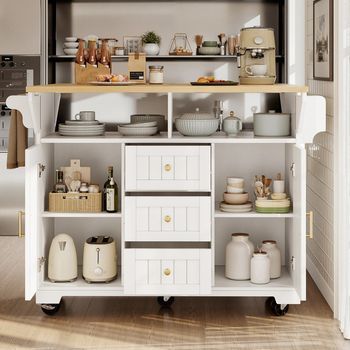 Isla De Cocina Extensible 120x40(80)x95 Cm, 2 Lados, Cajones, Toallero, Negro/blanco
