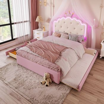 Cama Infantil Tapizada Rosa 140 X 200 Cm Con Cama Nido, Luz Led Y Cabecero De Corona