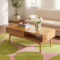 mesa de centro con efecto roble y cana de ratan 115cm