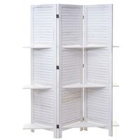 biombo separador de 3 paneles con estantes 170x125 cm aspecto desgastado en madera blanca 040003952