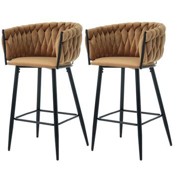 Juego De 2 Taburetes De Bar - Tela De Terciopelo - Patas De Metal - Marrón