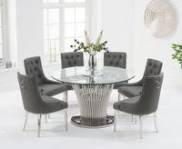 hans round 130cm glass table with talia faux leather chairs - grey 4 chairs