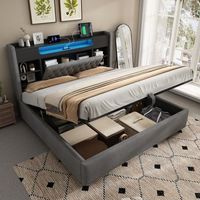 cama doble 180x200 cm lino gris con baul hidraulico iluminacion led cargador usbtype-c y cabecera con almacenamiento sin colchon