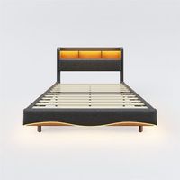 cama de adulto 140x200cm en tejido de lino cabecero con almacenaje con led y enchufes gris