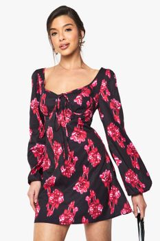 Vestido Mini Estilo Mesonera Con Estampado De Flores, Negro