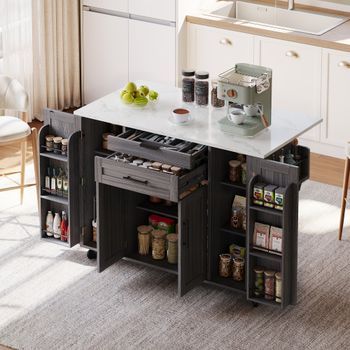 Isla De Cocina Móvil Con Encimera Extensible - Carrito De Servicio - 5 Ruedas Y Almacenamiento - Carrito - Gris Y Blanco