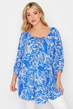 Yours Blusa Blanca De Hojas Azules, Mujer Curvy Y Tallas Grandes, Yours