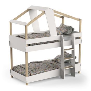 Litera Juvenil Infantil 90x190 Cm Timber Color Blanco Mate Y Beige En Forma De Cabaña, Mueble De Dormitorio