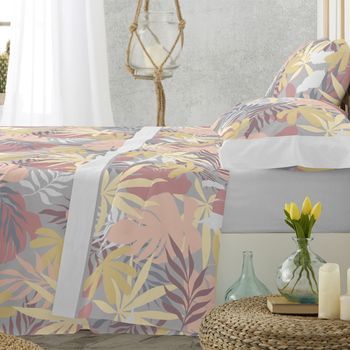Juego De Sábanas 50% Algodón 50% Poliéster Diseño Estempados De Hojas 105 X 190/200 Cm - Gris - Burrito Blanco