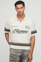 polo oversize homme de punto jacquard recto con estampado de motociclismo cream