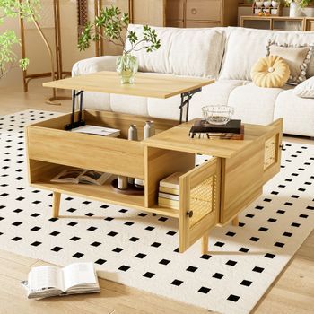 Mesa De Centro Elevable De Madera Y Negro, 103 Cm, Con Almacenaje Interior