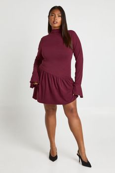 Plus Super Soft Flare Sleeve Drop Hem Skater Dress, Maroon
