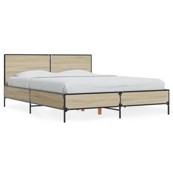 Cama Doble | Cama Para Adultos | Estructura Cama Madera Ingeniería Metal Roble Sonoma 120x190 Cm