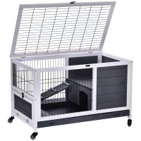 conejera de madera mascotas jaula para conejos color gris y blanco 90x53x59 cm hecha de madera de abeto pawhut   aosom espana