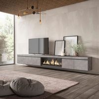 mueble tv efecto madera cemento 368x35x45cm chimenea efecto fuego