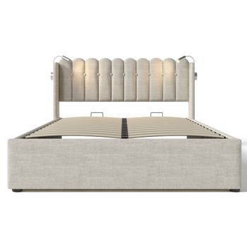 Cama Con Canapé Tapizada Con Led Y Puertos De Carga Usb 140x200cm Tela De Lino Con Somier Beige