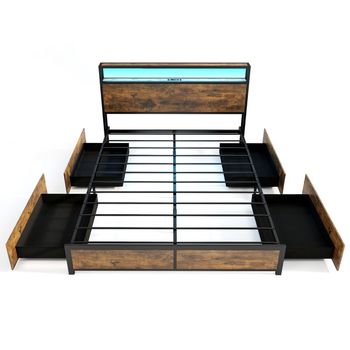 Costway Estructura de Cama Doble/King de Metal Cabecero de Luz LED RGB 4 Cajones de Almacenamiento Conexión USB Plataforma de Cama