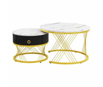 Mesa de centro apilable 2 piezas - marmoroptik, detalles dorados, con cajones