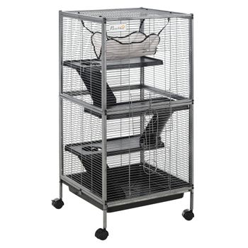 PawHut Jaula para Animales Pequeños de 4 Niveles con Ruedas 52x52x113,5cm Gris