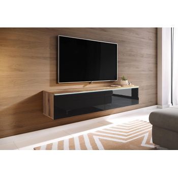 Mueble De Tv Lowboard D 140 Cm, Mueble De Televisión, Mueble De Salón, Con Iluminación Led, Color Wotan/negro Brillo