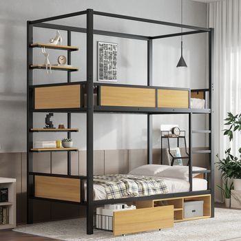 Cama Superpuesta De Hierro Y Mdf Con Estantes Laterales, Almacenamiento Debajo De La Cama Y Cortina, Negro Y Natural, 90x200 Cm
