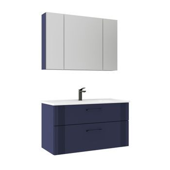 Conjunto De Mueble Con Lavabo Y Espejo (2 Piezas)  - 100 X 45 X 55 Cm - Azul Marino Mate