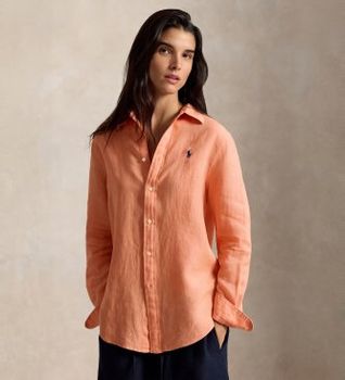 Polo Ralph Lauren para mujer. 211970730521 Camisa de lino Classic Fit naranja (S), Casual, Manga larga, Coral