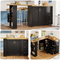 carrito bar extensible de 135 a 228 cm negro con ruedas y tablero efecto madera