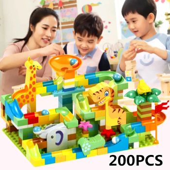 DIY dinosaurio carrera de mármol bloques grandes bloques de construcción de plástico embudo tobogán montaje ladrillos juguetes educativos para niños regalos