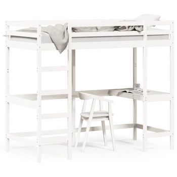 Cama Individual | Cama Para Adultos | Cama Alta Con Escritorio Madera Maciza Pino Blanca 90x200 Cm Cfw29167