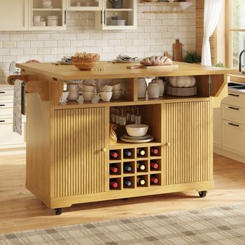 Isla De Cocina Móvil Con Ruedas, Extensible, 142,5 X 80 X 95 Cm, Madera Natural