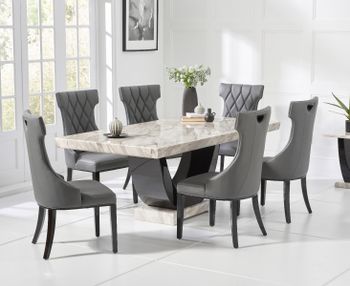 Raphael 170cm Cream and Black Pedestal Marble Dining Table with Freya Chairs
