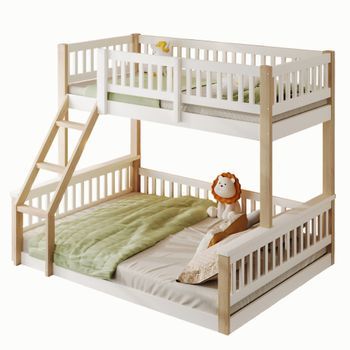Cama Litera 90x200 Y 140x200 Con Barandilla Anticaídas Y Escalera Estable, Madera Maciza, Litera Blanca Y Madera Natural