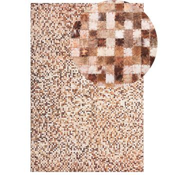Alfombra Rústica Boho De Piel Marrón Y Beige Patchwork 160 X 230 Cm Moderna Torul
