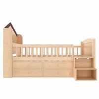 cama infantil semialta tipo casa 90x200 cm - ventanas 4 cajones luz led escalera con almacenaje sin colchon - natural