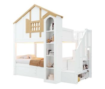 Litera infantil 90x200+90x200 cm - cama alta de madera maciza con led, escalera con almacenaje y diseño castillo - blanco y natural