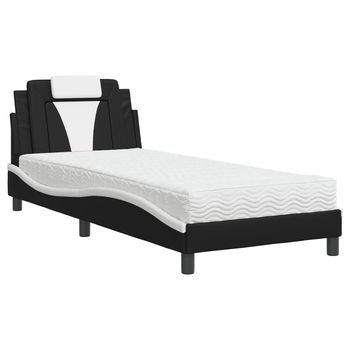 Cama Individual | Cama Para Adultos | Cama Con Colchón Cuero Sintético Negro Y Blanco 80x200 Cm