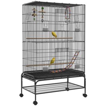 Jaula para Pájaros con Ruedas Comederos Perchas Bandeja Extraíble y Estante Inferior 97x58x160 cm Negro