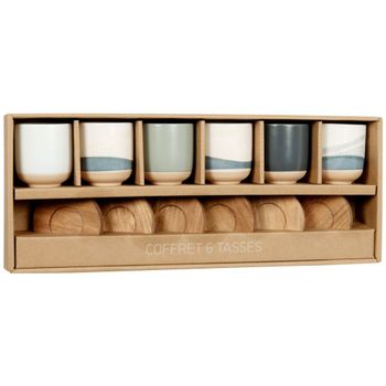 Juego 6 de tazas de cerámica azul y crema y platillos de madera de acacia